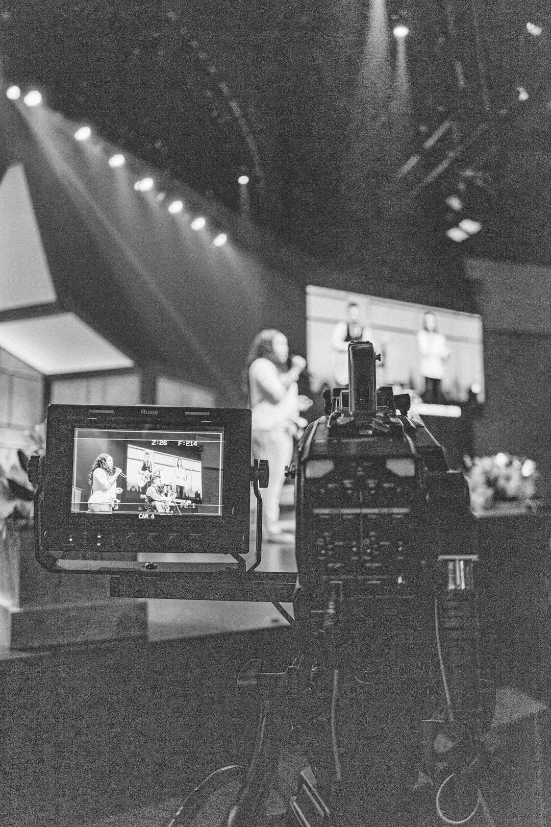 Vintage television studio with cameras and lighting rigs during a commercial shoot